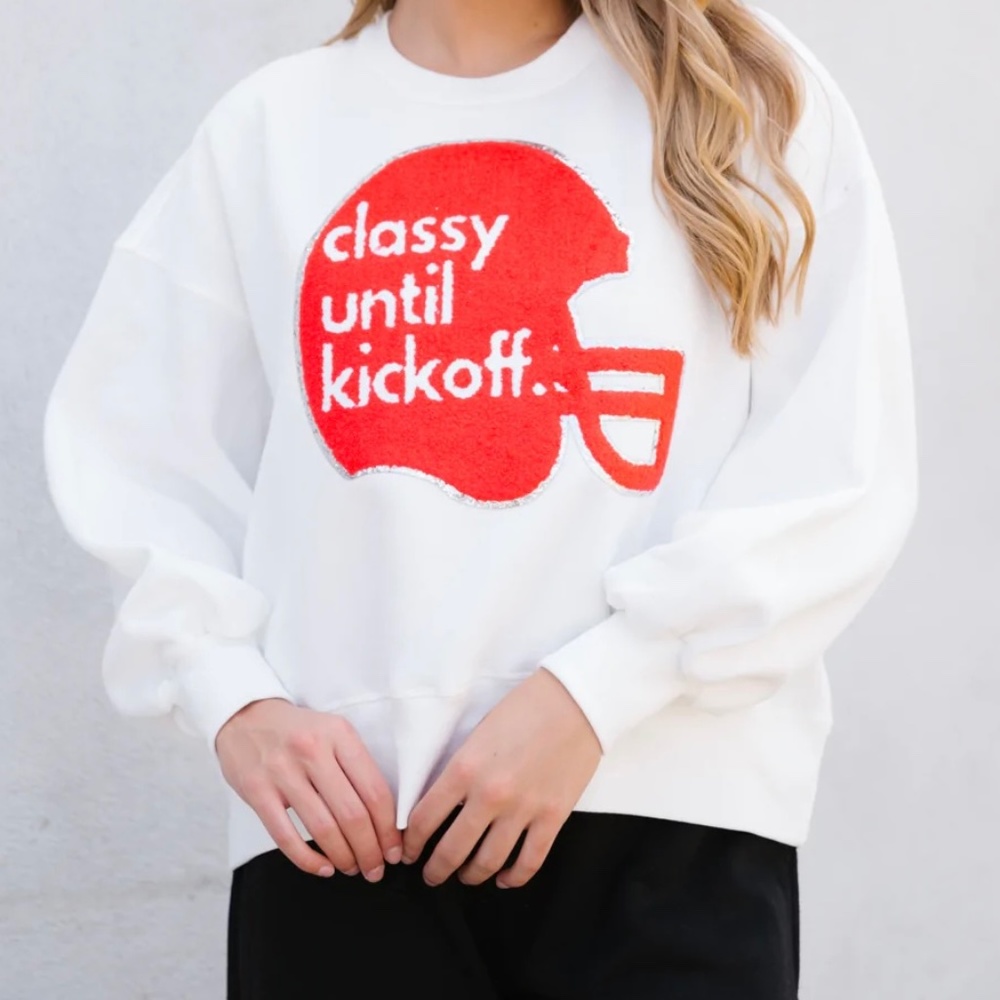 Judith March Classy Until Kickoff White with red Appliqué Helmet